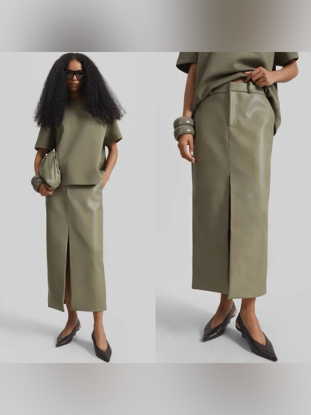 NWT The Frankie Shop Maybelle Faux Leather Maxi Skirt with Front Slit in Olive